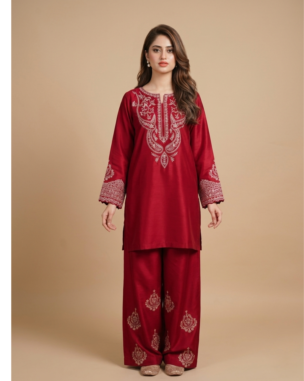 2PC-Elegant Red Embroidered