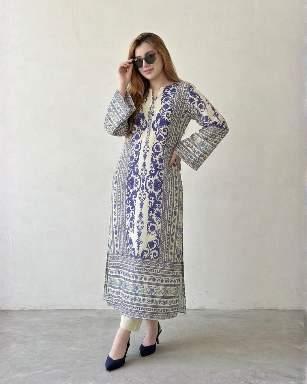 2PC-Blue & Beige Printed Kaftan
