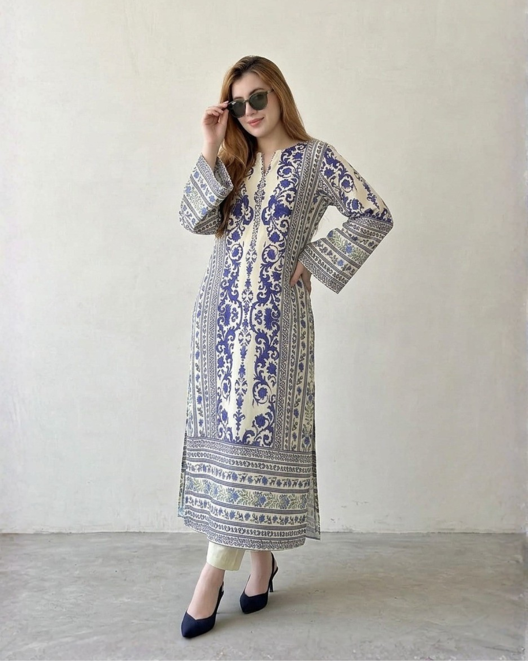 2PC-Blue & Beige Printed Kaftan