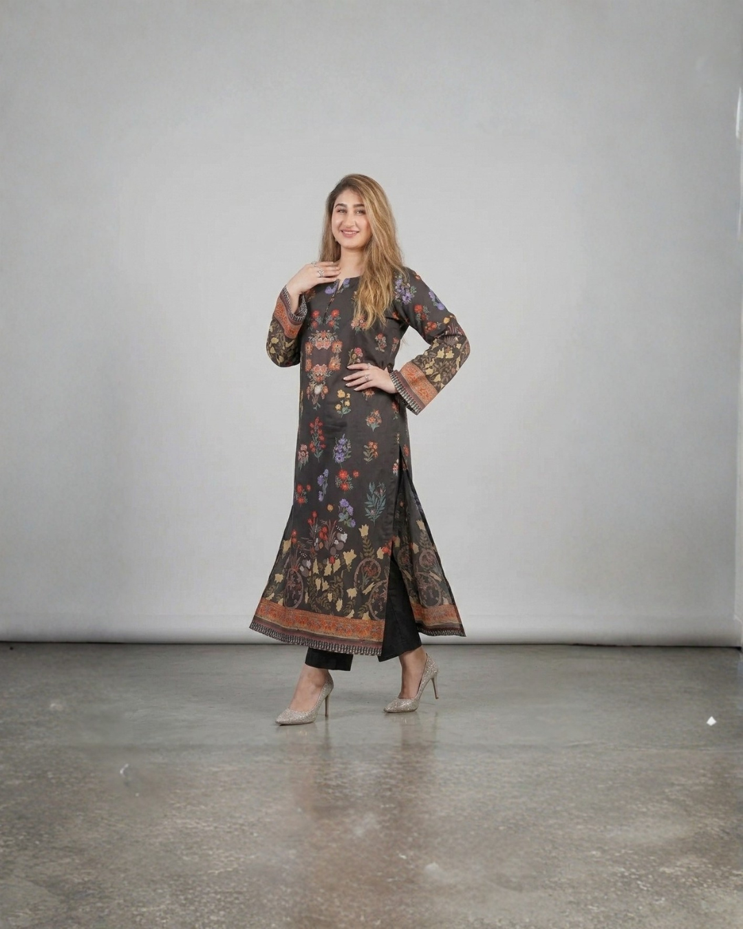 2PC-Black Floral Printed Kaftan