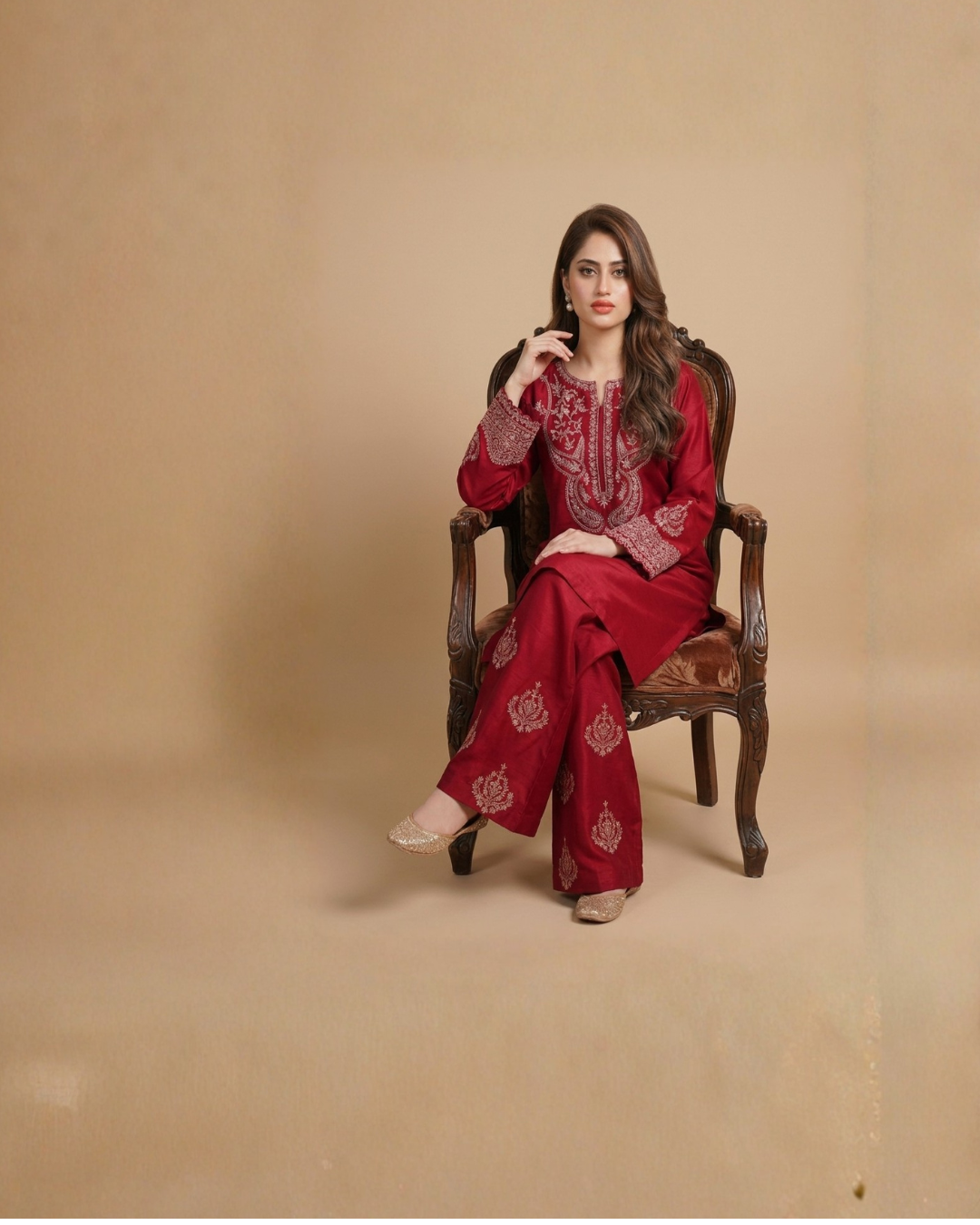 2PC-Elegant Red Embroidered