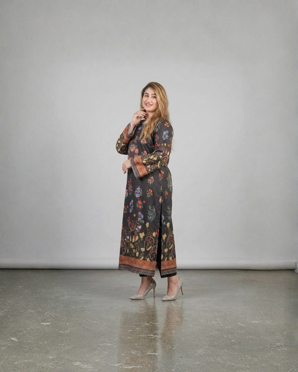 2PC-Black Floral Printed Kaftan