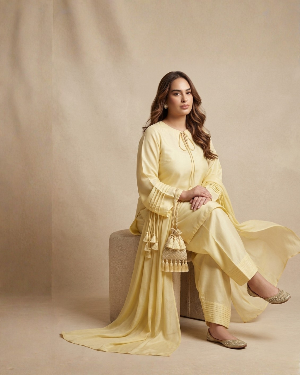 3PC-Pastel Yellow Kurta Set