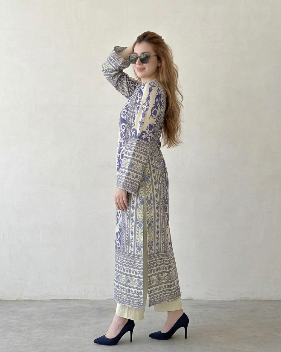 2PC-Blue & Beige Printed Kaftan