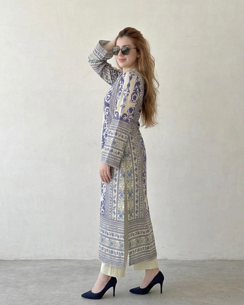 2PC-Blue & Beige Printed Kaftan