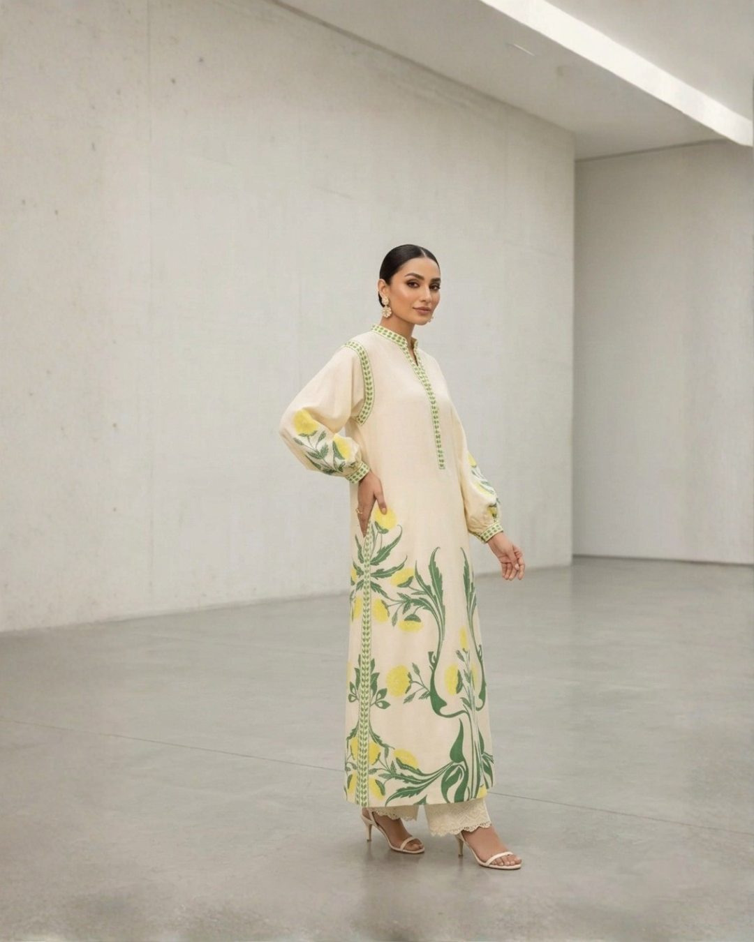 2PC-Beige Floral Embroidered