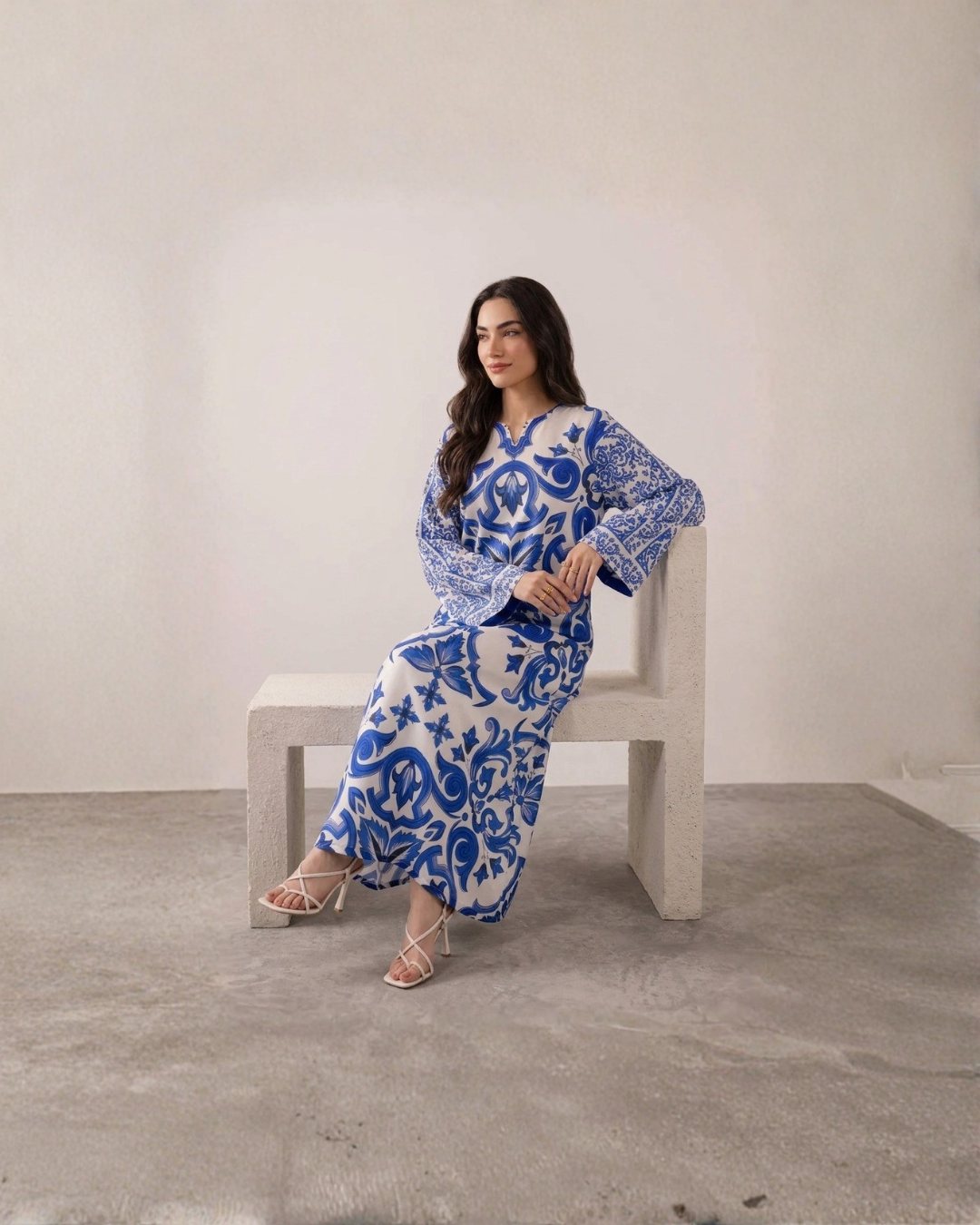 2PC-Royal Blue Printed Kaftan