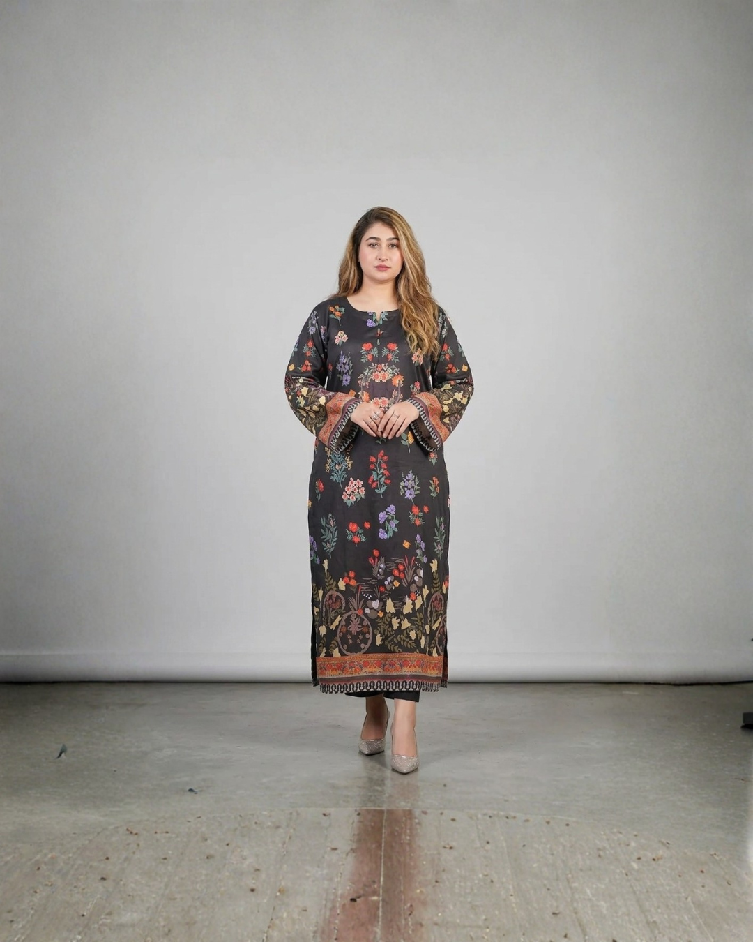 2PC-Black Floral Printed Kaftan