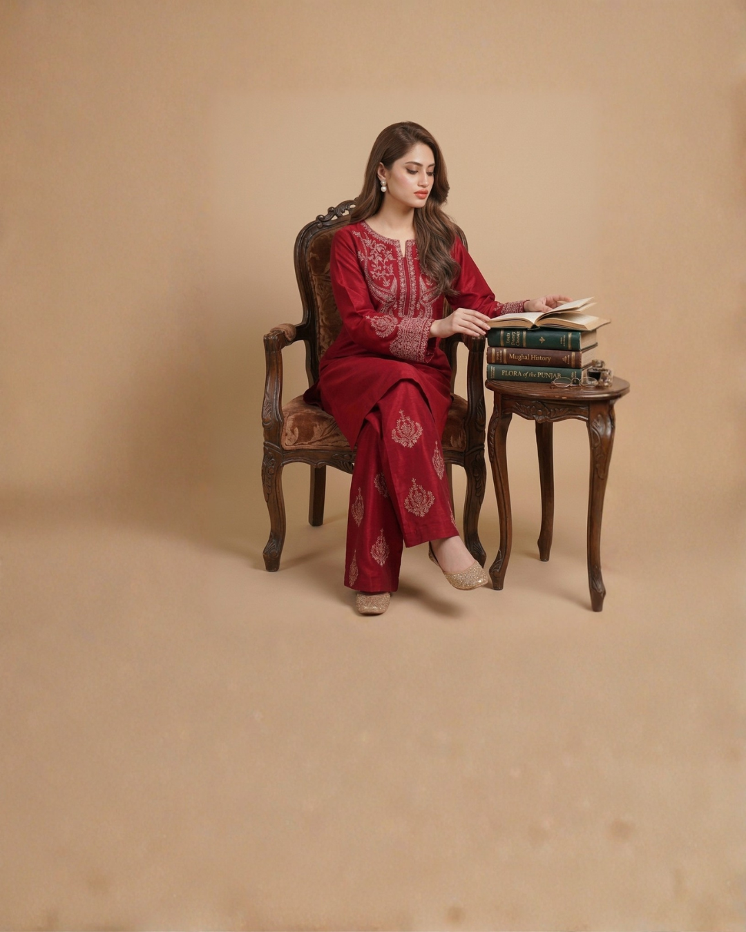 2PC-Elegant Red Embroidered