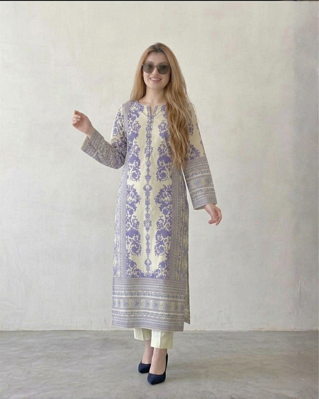 2PC-Blue & Beige Printed Kaftan