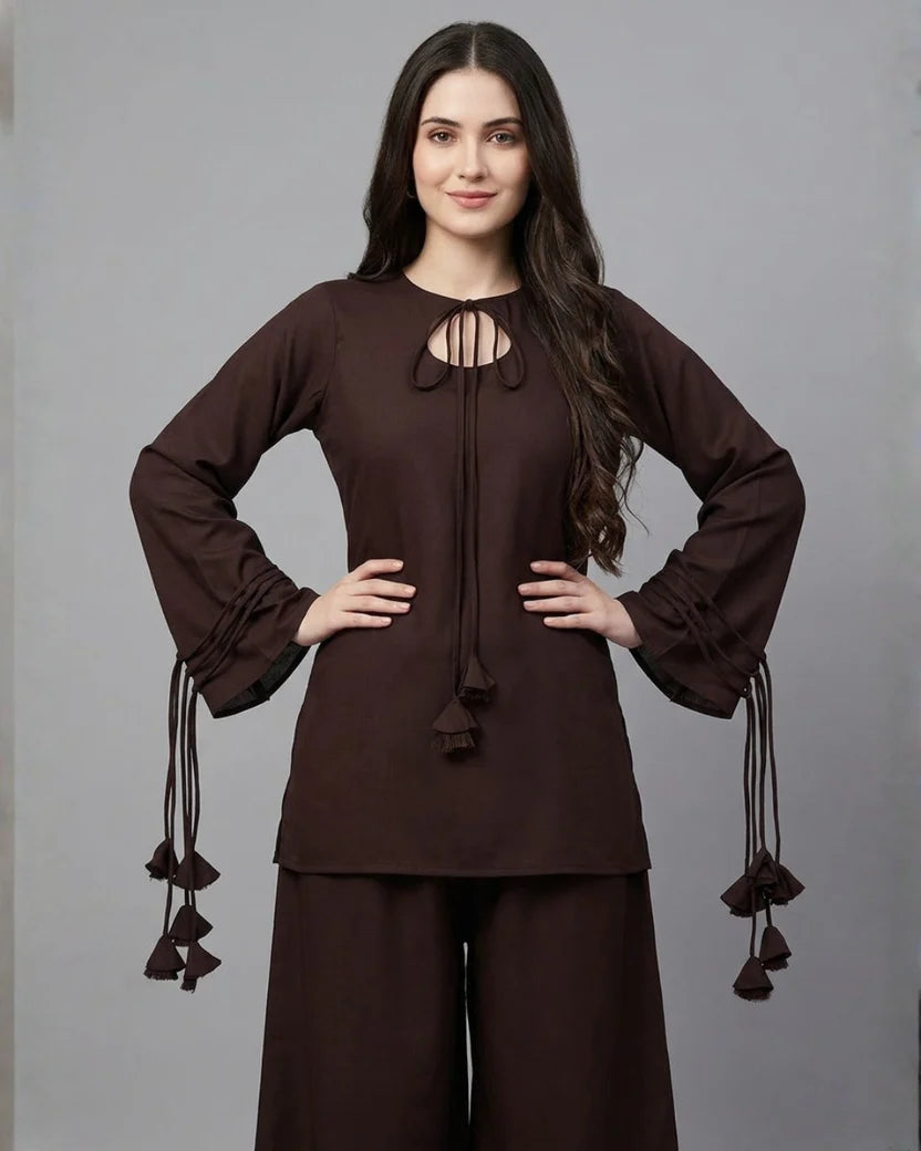 2PC-Brown Tassel Kurta Set